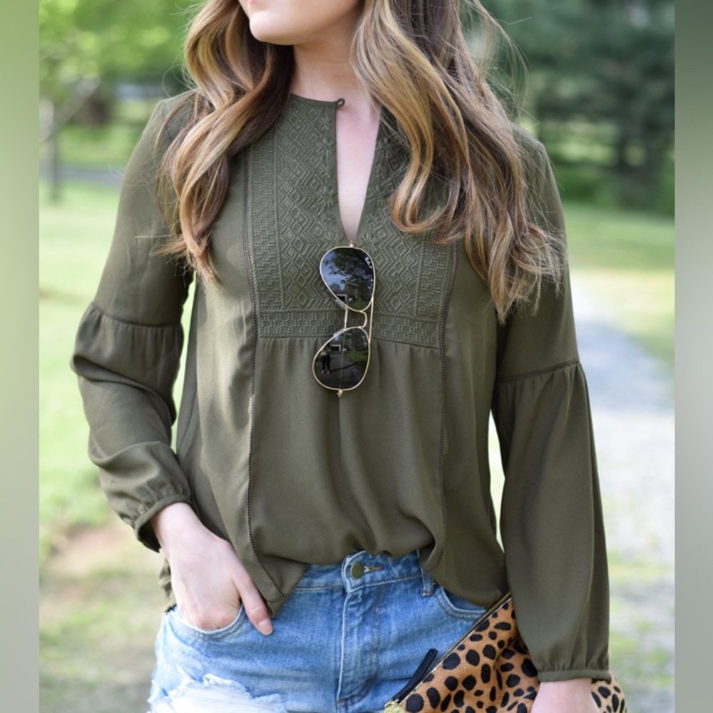 Banana Republic Army Green Embroidered Top